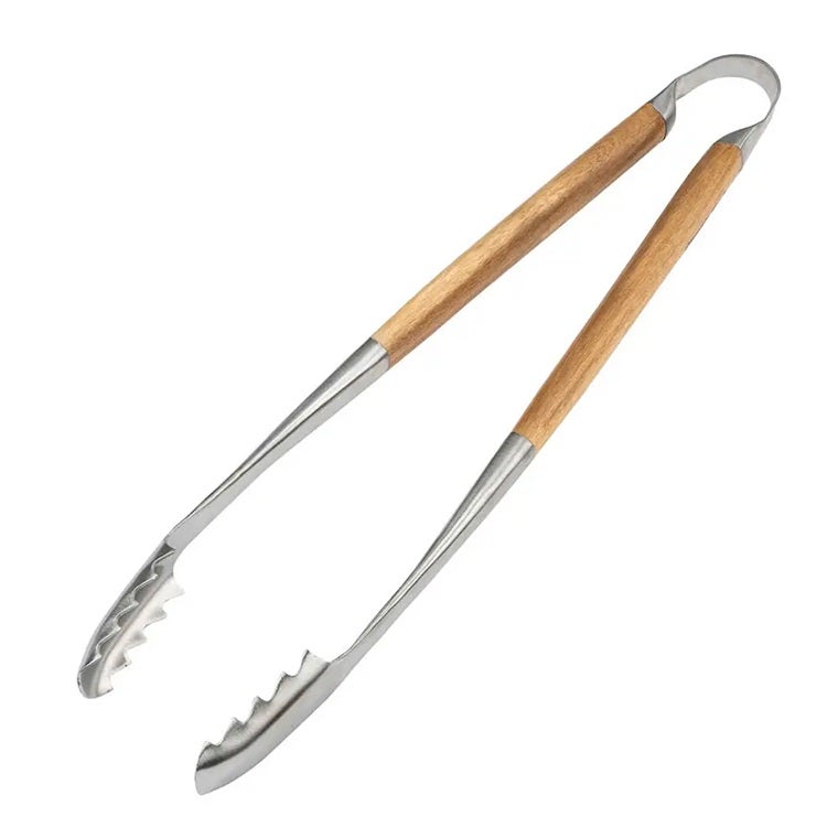 grill tongs made of Acacia wood and brushed stainless steel.